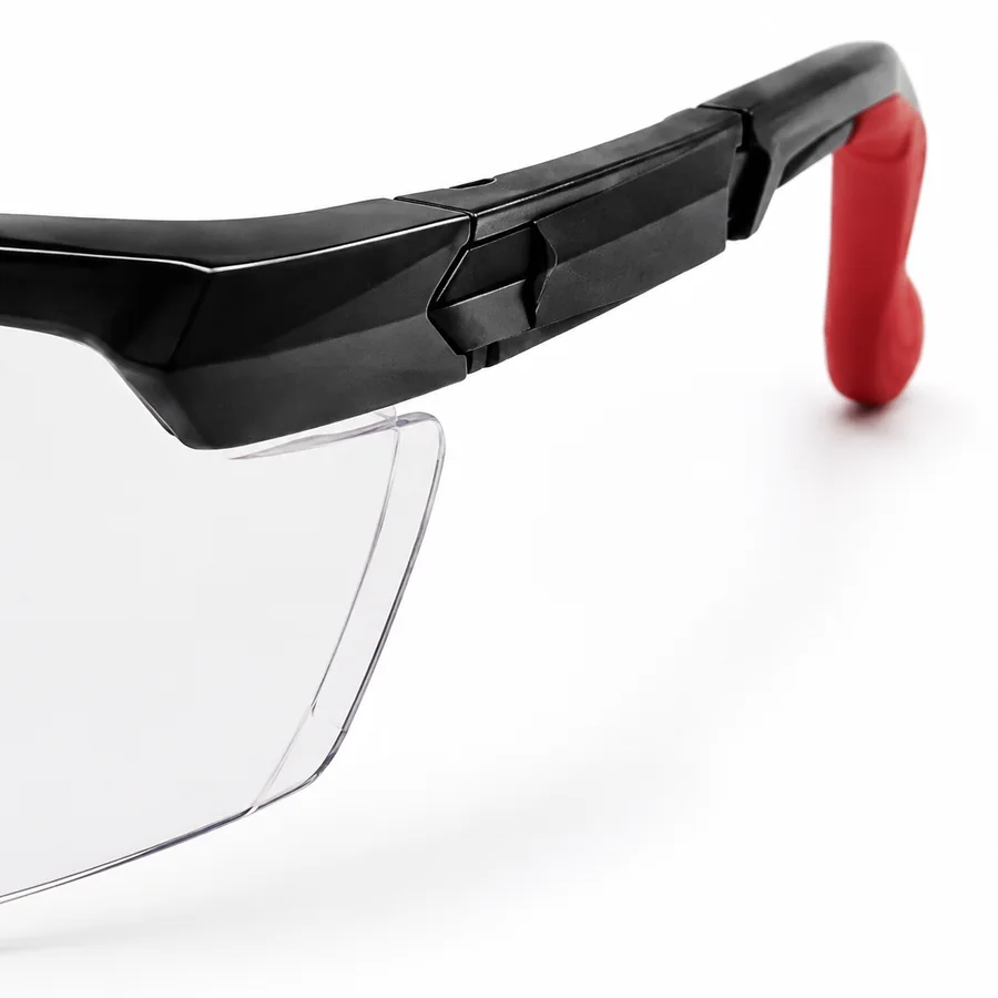 Close-up of an antools safety glasses lens and frame